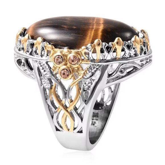Tiger's Eye and Champagne Austrian Crystal Ring Plated YG & Stainless Steel S-8 - Picture 2 of 3